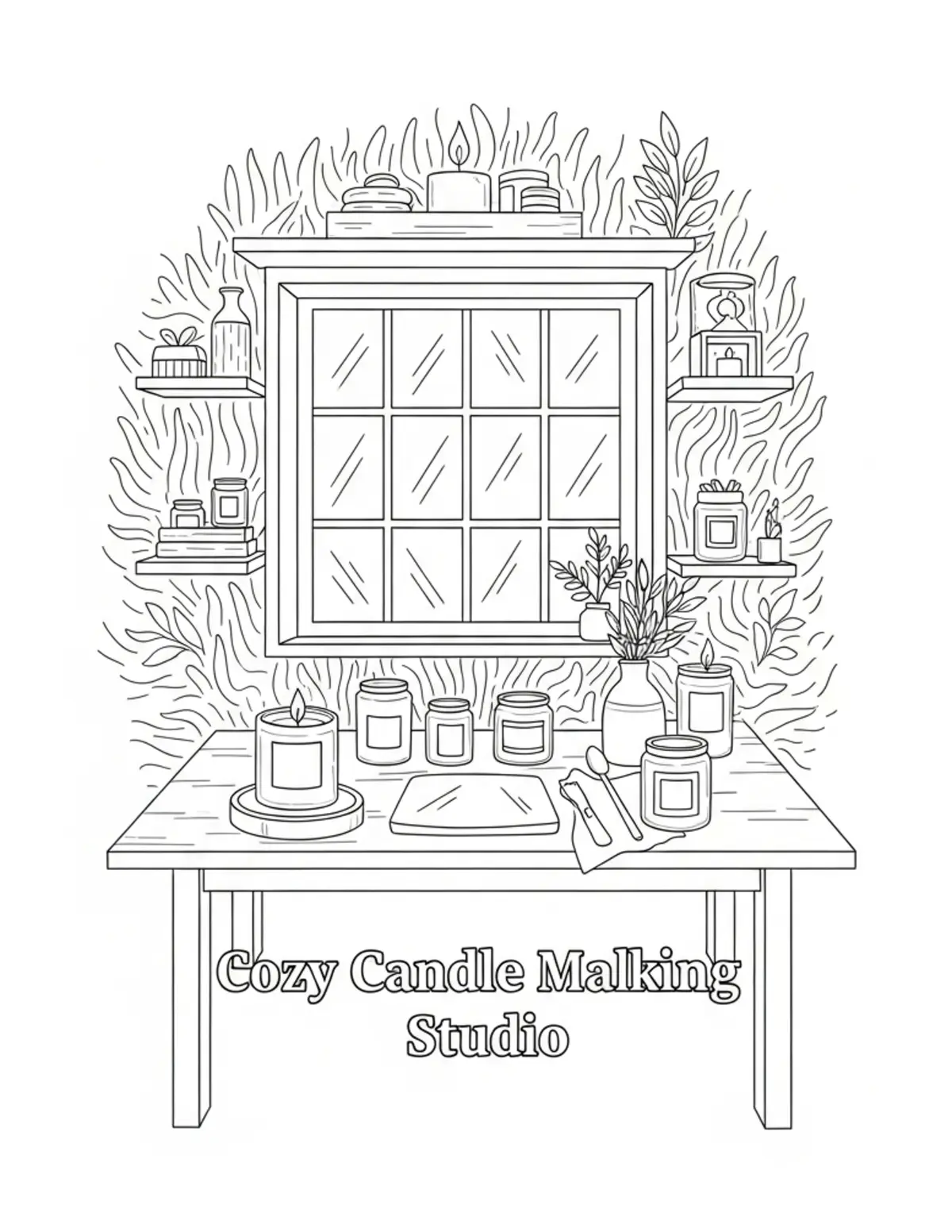 Free printable coloring page: cozy candle making studio coloring page. Cute and cozy design for kids and adults to download and print.