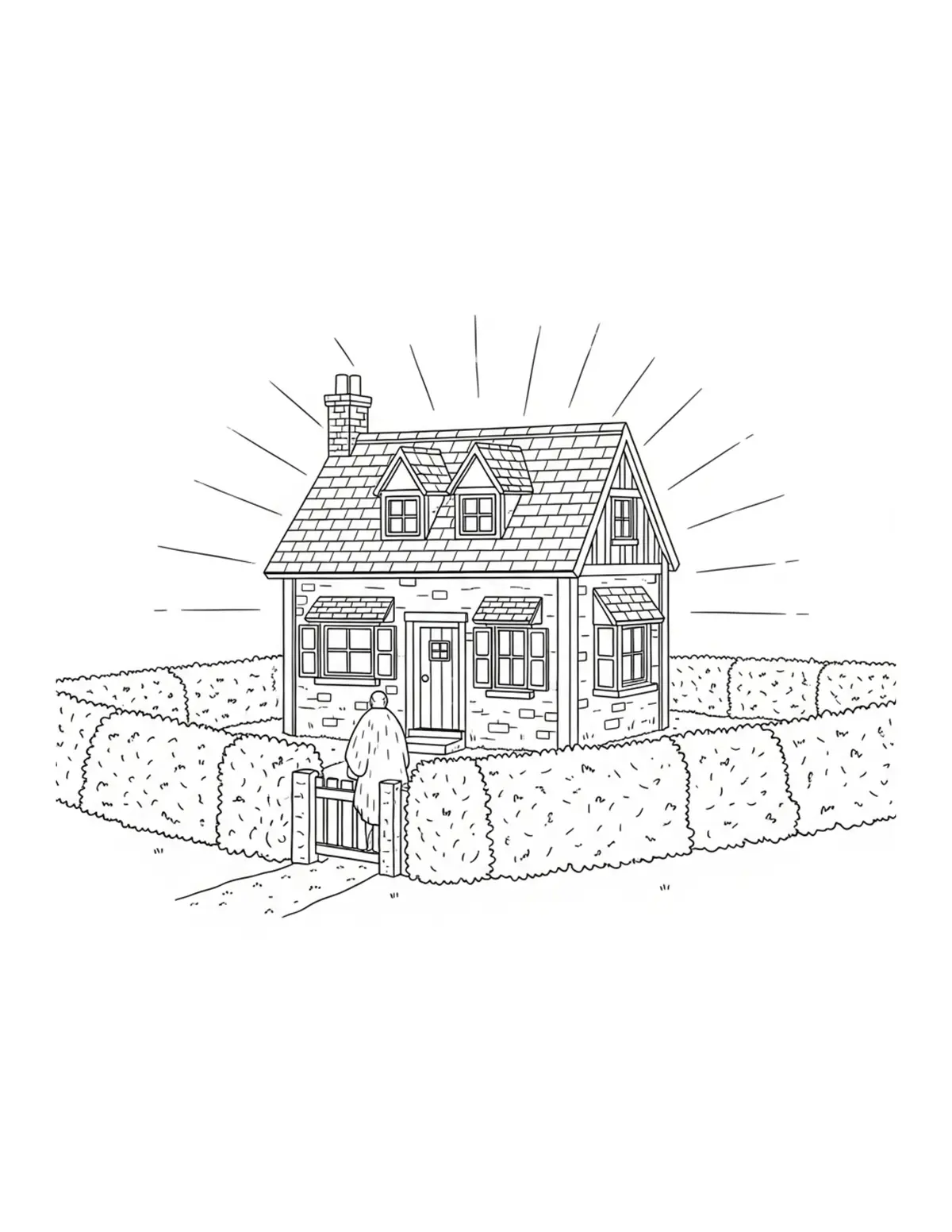 Free printable coloring page: mystery-hedge-maze-cottage coloring page. Cute and cozy design for kids and adults to download and print.