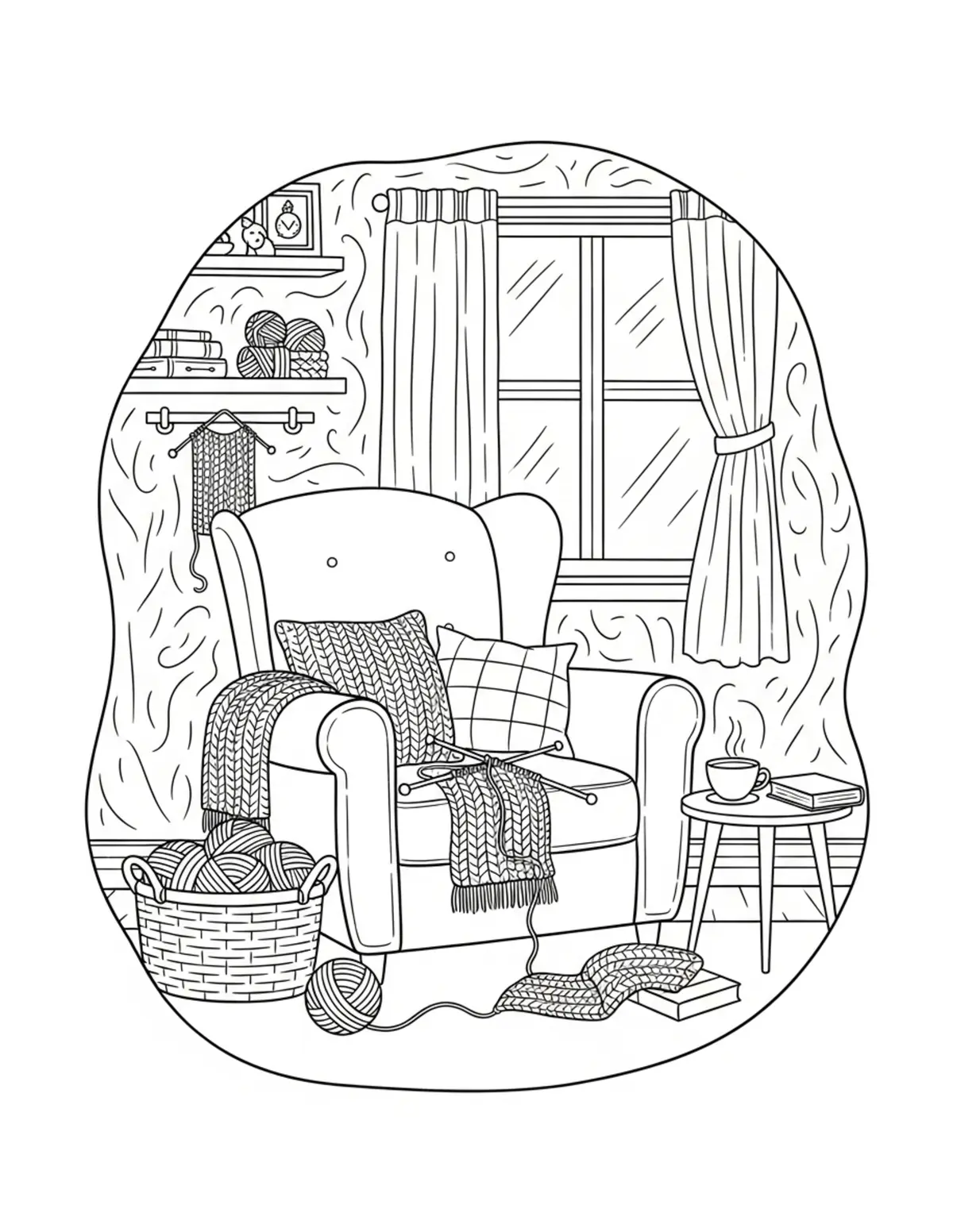 Free printable coloring page: cozy knitting room coloring page. Cute and cozy design for kids and adults to download and print.