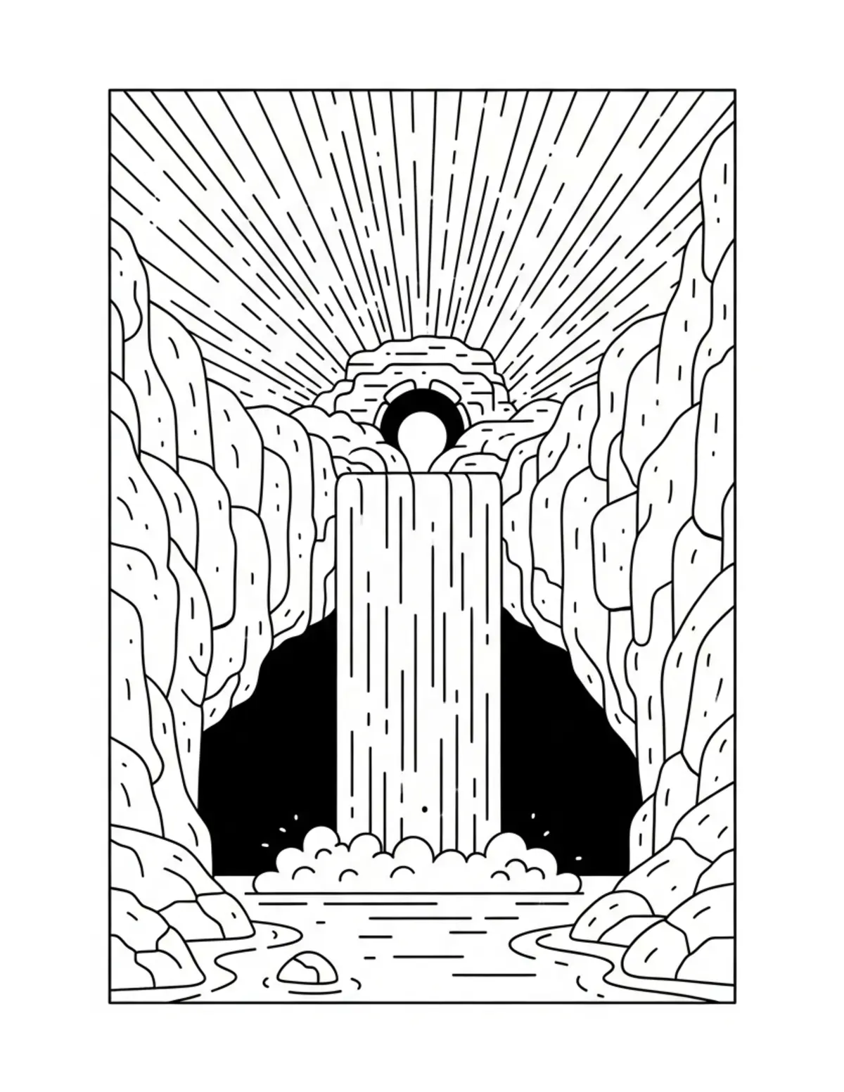 Free printable coloring page: secret-waterfall-cave-entrance coloring page. Cute and cozy design for kids and adults to download and print.