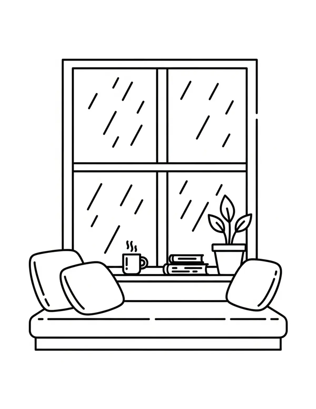 Free printable coloring page: cozy window seat on rainy day coloring page. Cute and cozy design for kids and adults to download and print.