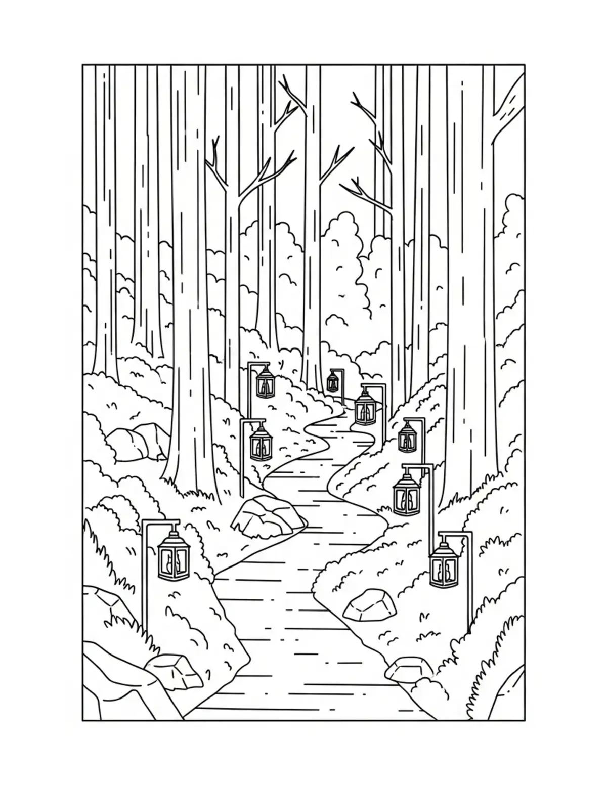 Free printable coloring page: hidden-lantern-forest-trail coloring page. Cute and cozy design for kids and adults to download and print.