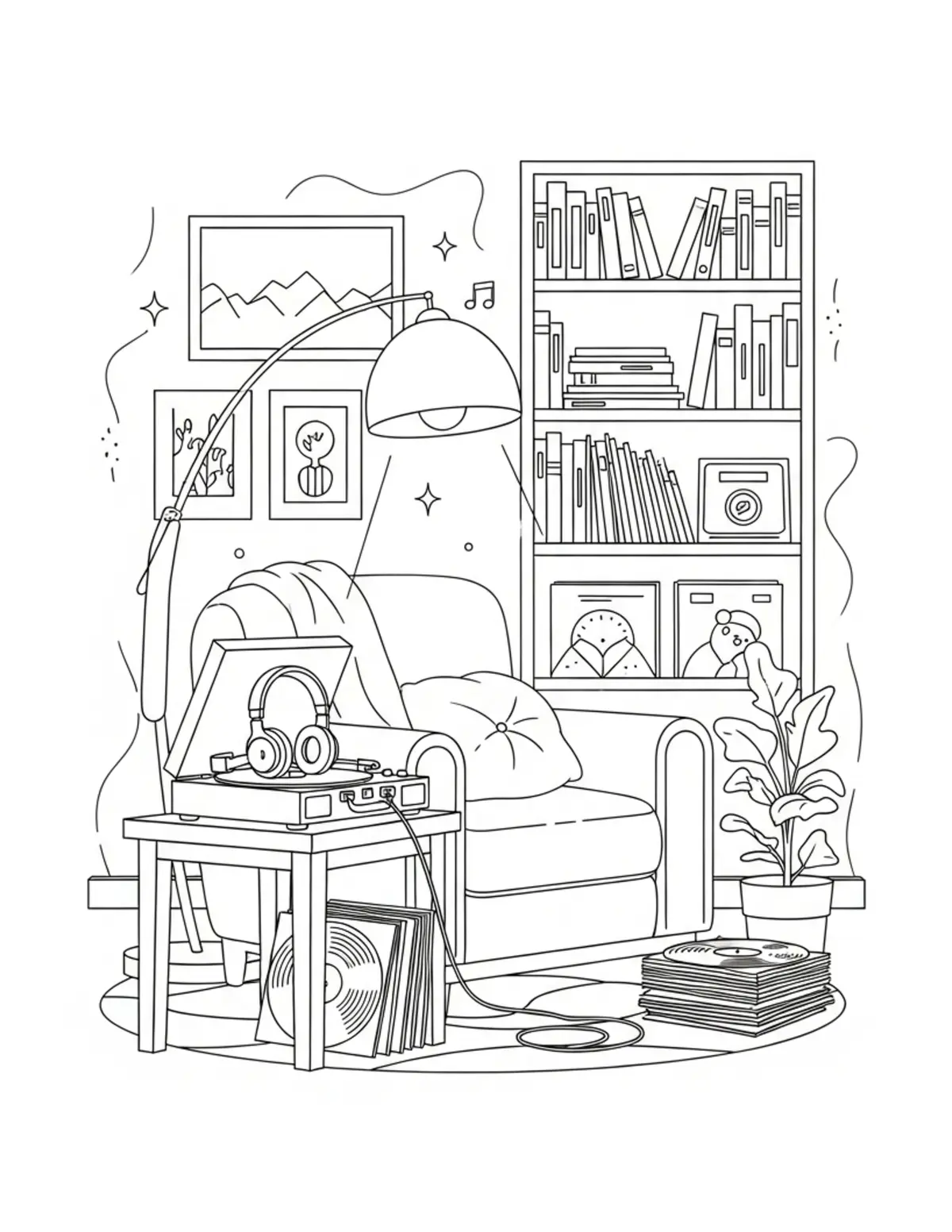 Free printable coloring page: cozy music listening corner coloring page. Cute and cozy design for kids and adults to download and print.