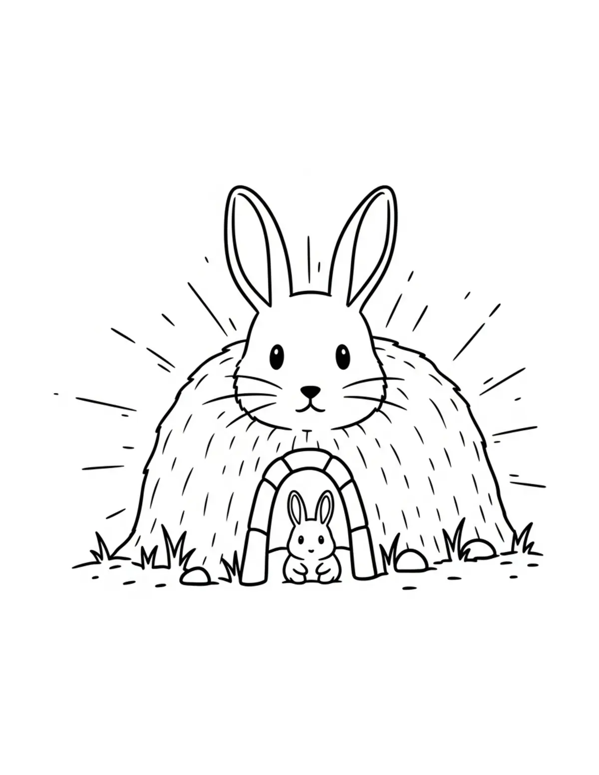Free printable coloring page: lost-bunny-burrow-village coloring page. Cute and cozy design for kids and adults to download and print.