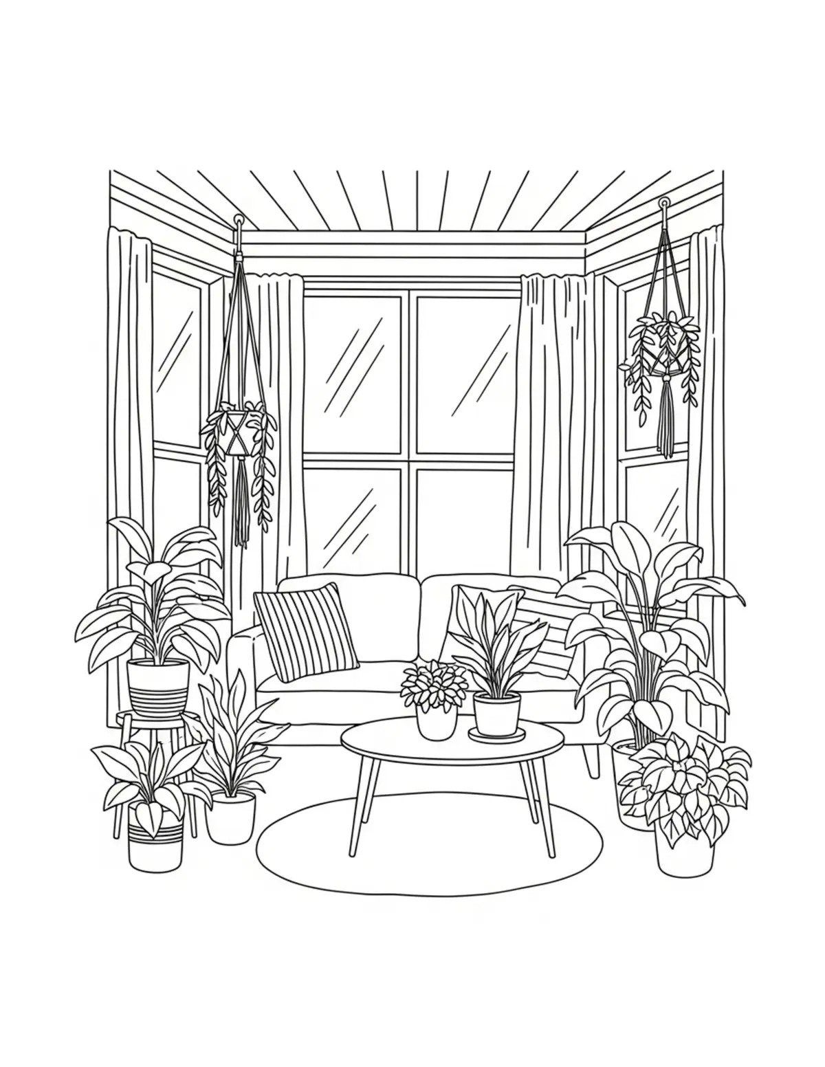 Free printable coloring page: cozy sunroom filled with plant coloring page. Cute and cozy design for kids and adults to download and print.