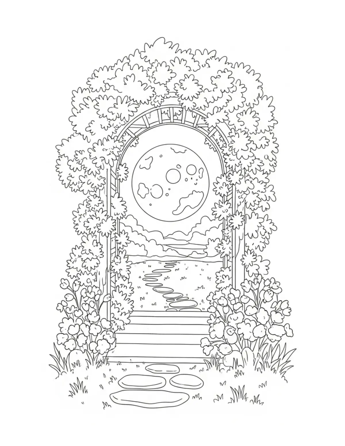 Free printable coloring page: secret-moonlight-garden-path coloring page. Cute and cozy design for kids and adults to download and print.