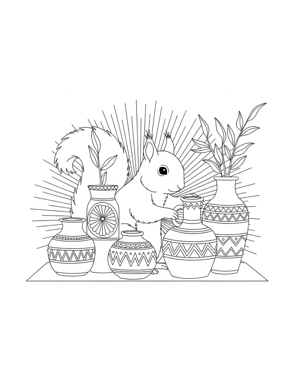 Adorable Squirrel Arranging De Coloring Page - free printable JPG featuring adorable tiny animal village scene