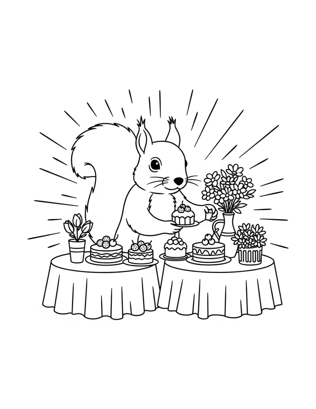 Adorable Squirrel Arranging Ou Coloring Page - free printable JPG featuring adorable tiny animal village scene