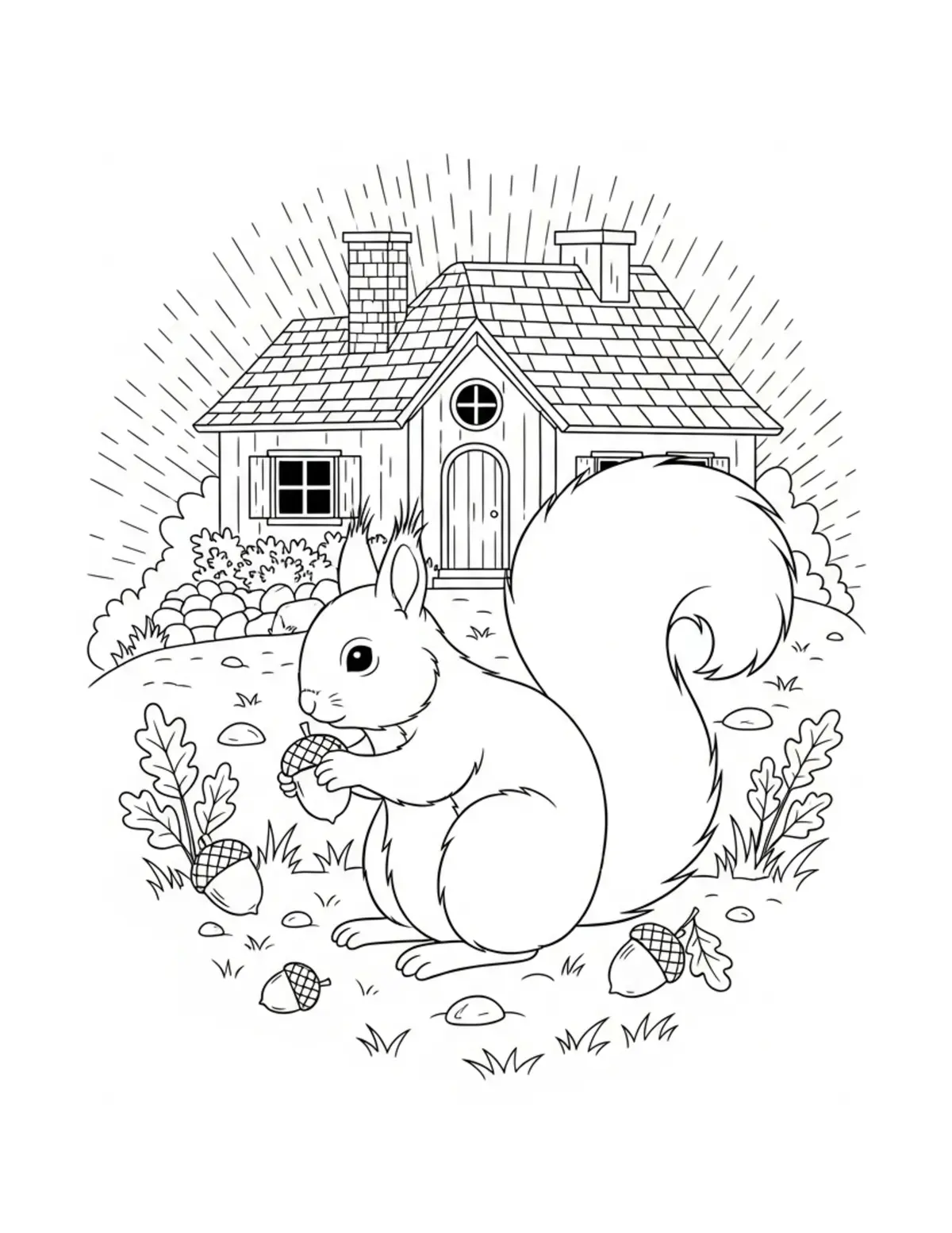 Adorable Squirrel Gathering Ac Coloring Page - free printable JPG featuring adorable tiny animal village scene
