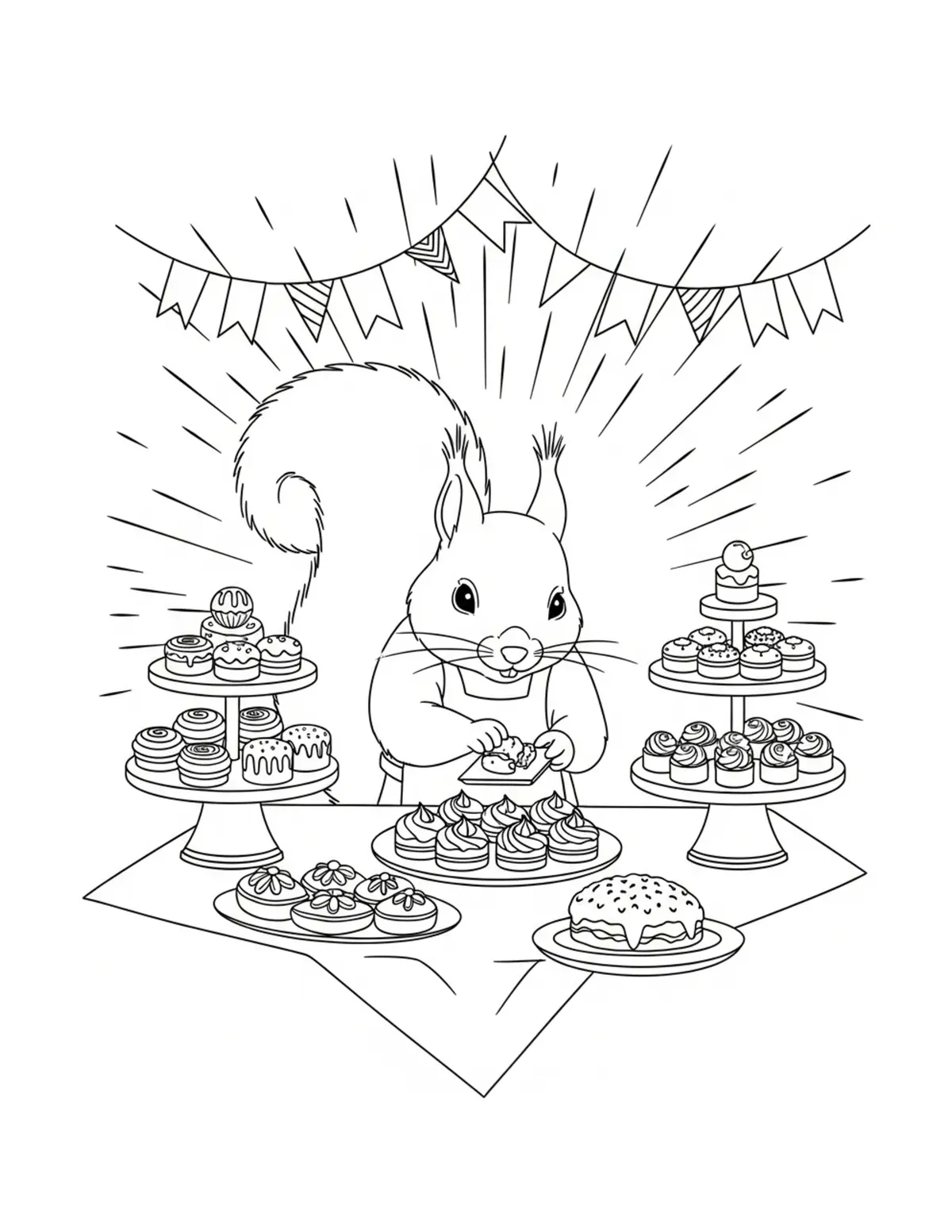 Adorable Squirrel Preparing Sw Coloring Page - free printable JPG featuring adorable tiny animal village scene
