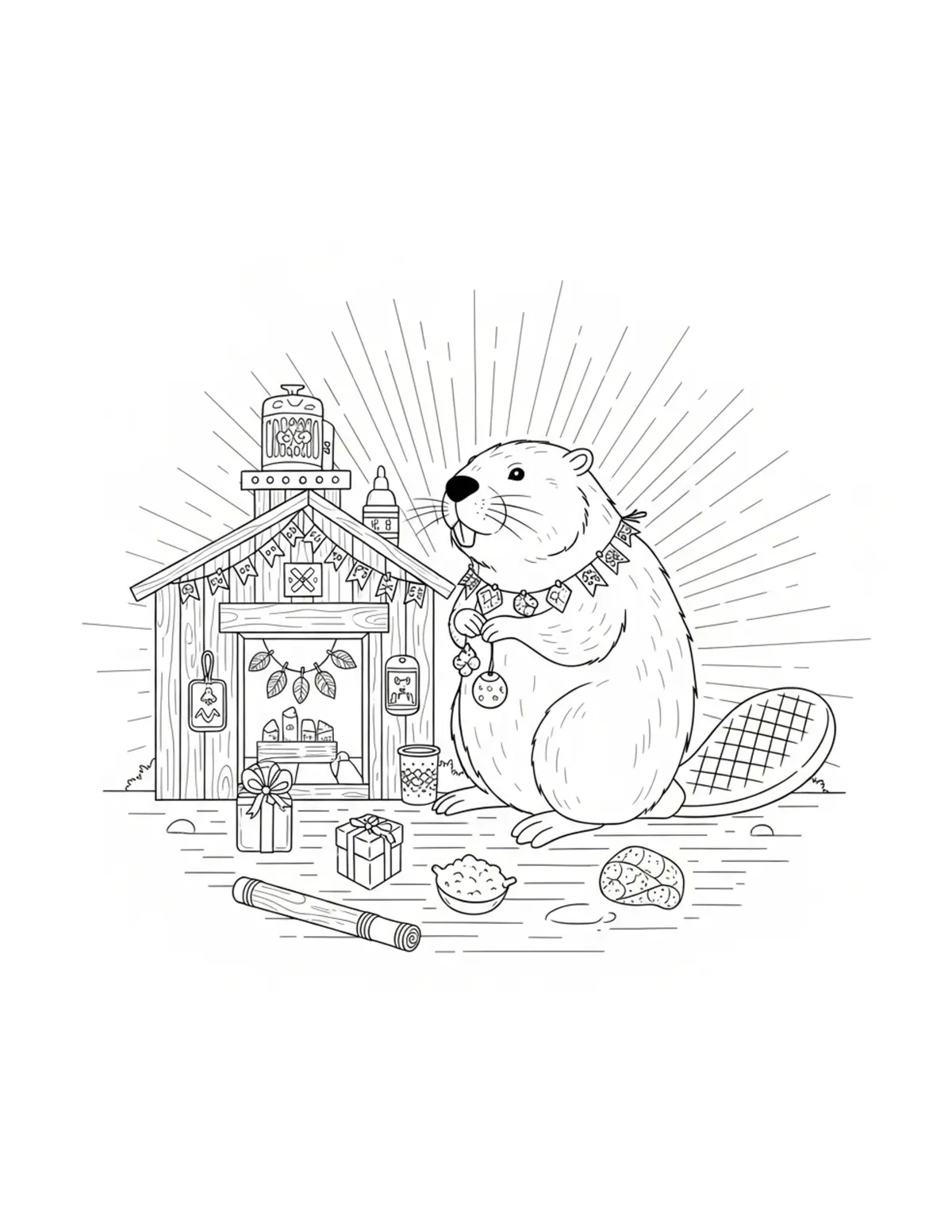 Beaver Decorating a Workshop Facade Coloring Page - free printable JPG featuring adorable woodland beaver