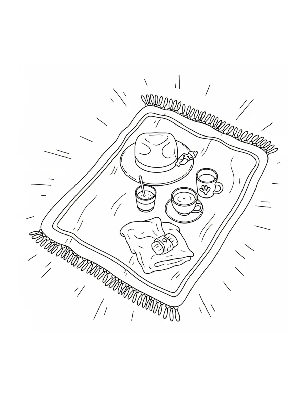 Free printable coloring page: cozy backyard picnic blanket coloring page. Cute and cozy summer design for kids and adults to download and print.