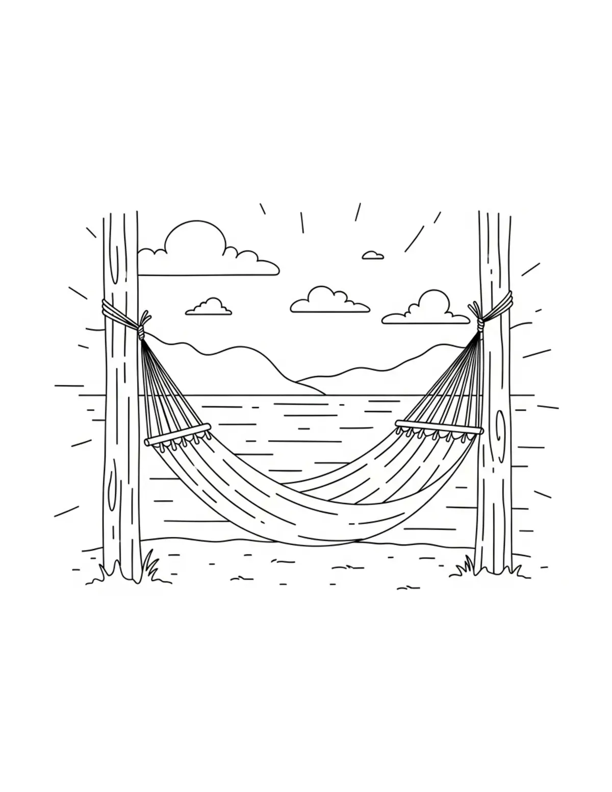 Free printable coloring page: cozy lakeside hammock retreat coloring page. Cute and cozy summer design for kids and adults to download and print.