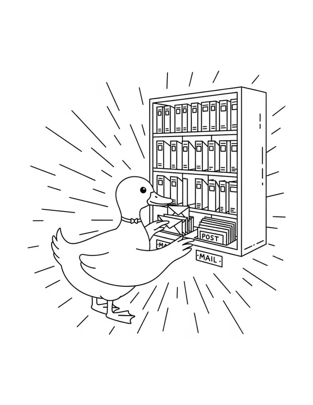 Cute Duck Sorting Envelopes In Coloring Page - free printable JPG featuring adorable tiny animal village scene