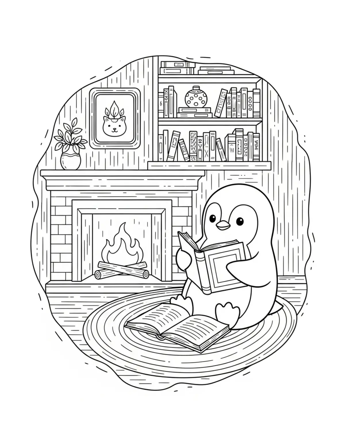 Cute Penguin Reading Room Colo — free printable cozy coloring coloring page for kids and adults