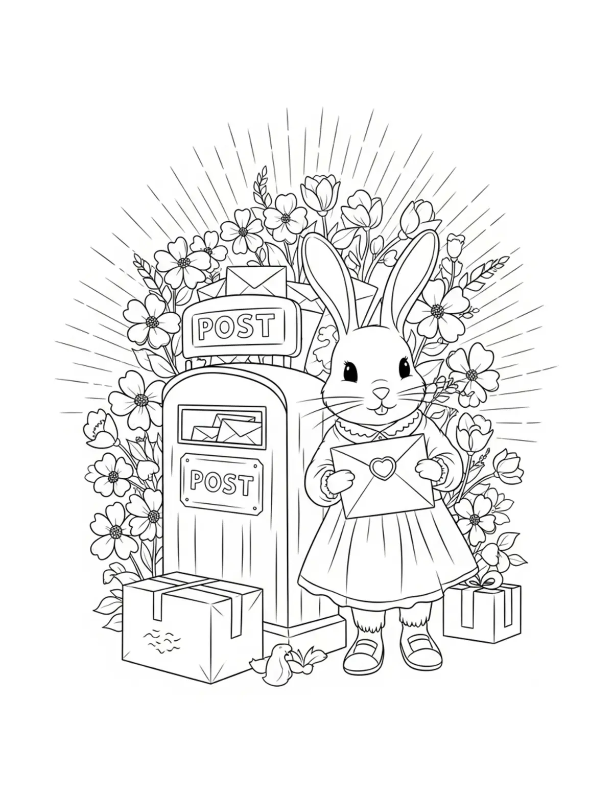 Free printable coloring page: cute rabbit post office lette coloring page. Cute design for kids and adults.