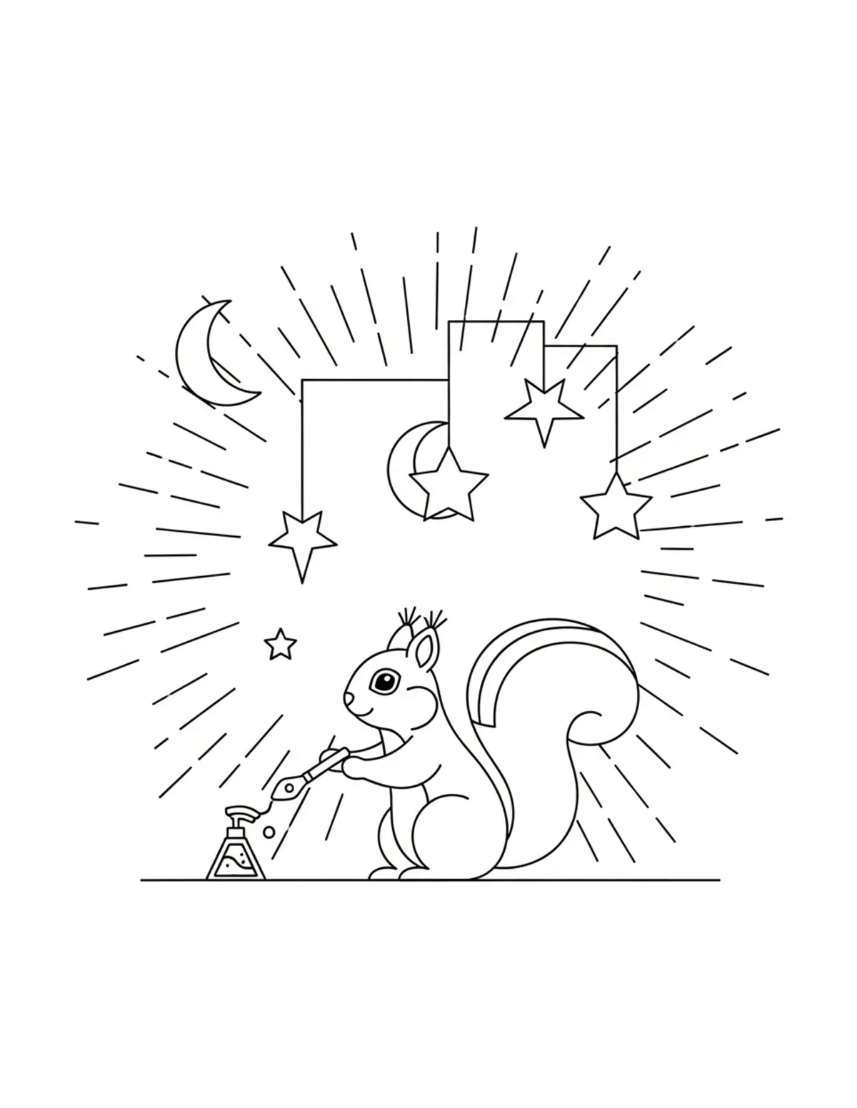 Free printable coloring page: cute squirrel running a star p coloring page. Cute and cozy tiny animal design for kids and adults to download and print.