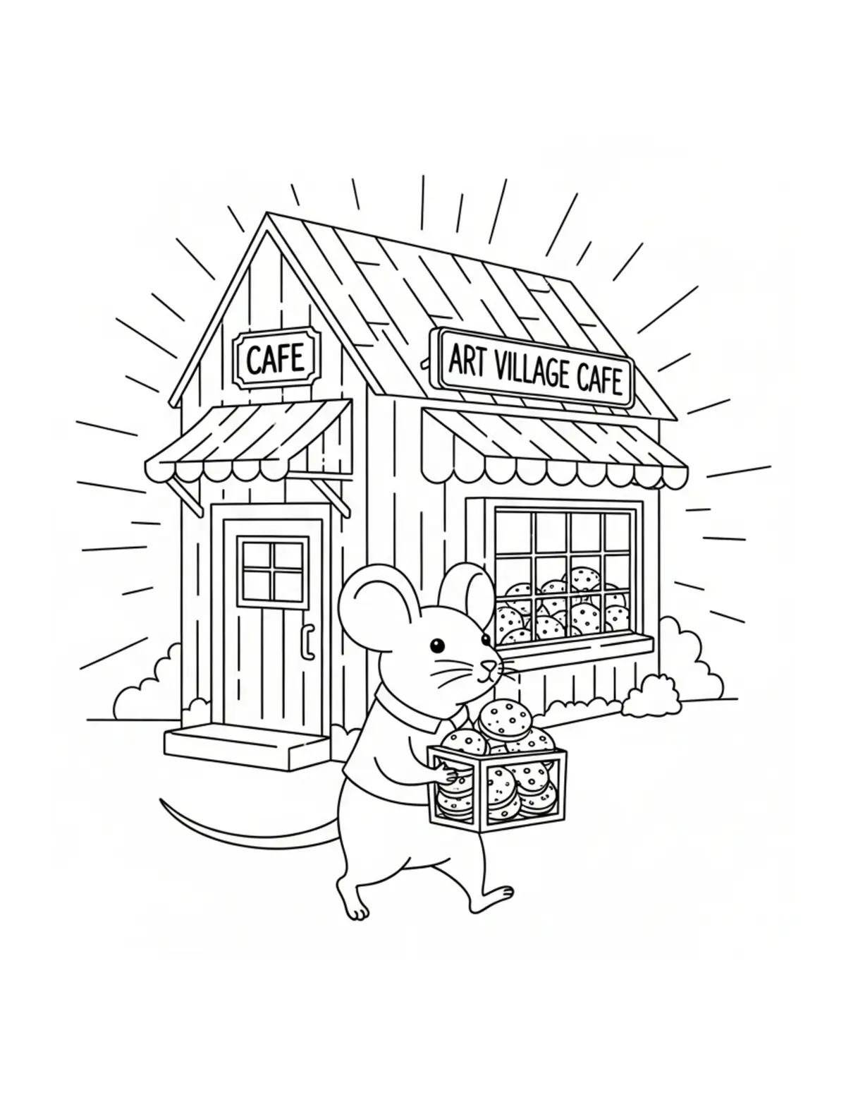Mouse Carrying Cookies To A Vi Coloring Page - free printable JPG featuring adorable mouse bakery scenes