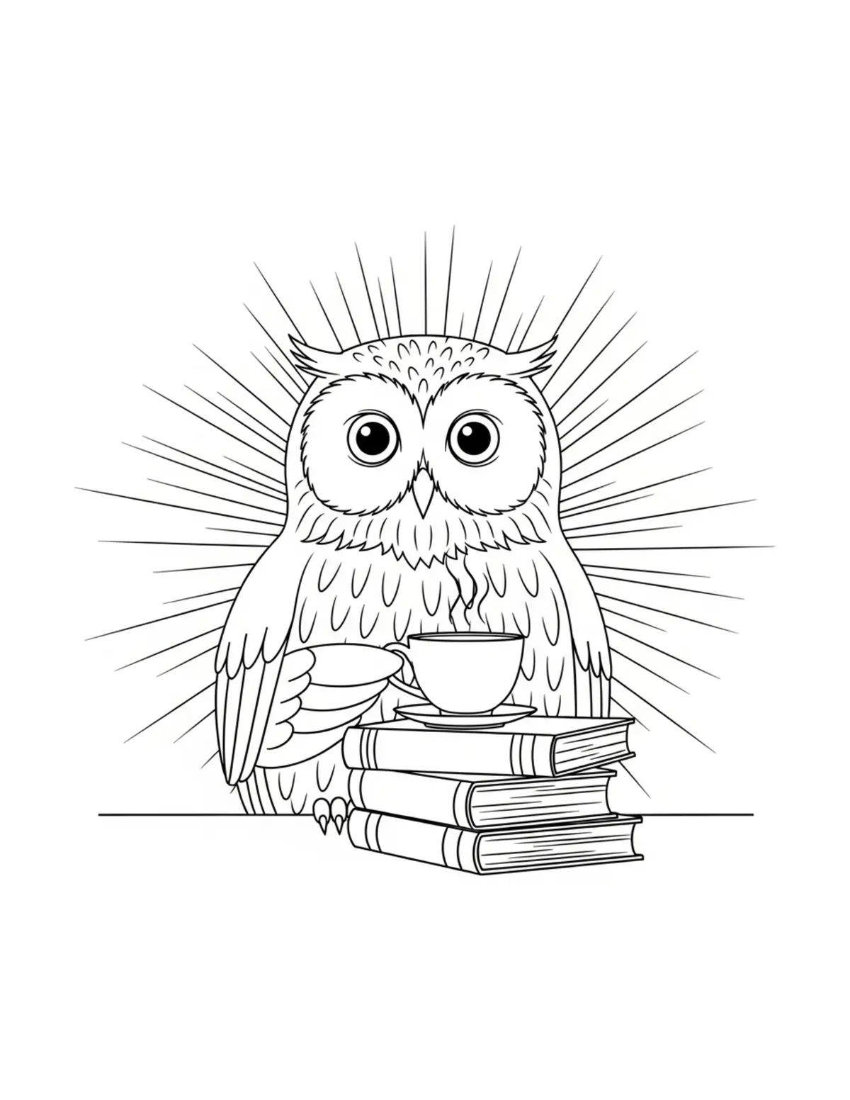 Owl Enjoying Afternoon Tea Wit Coloring Page - free printable JPG featuring adorable owl reading scenes