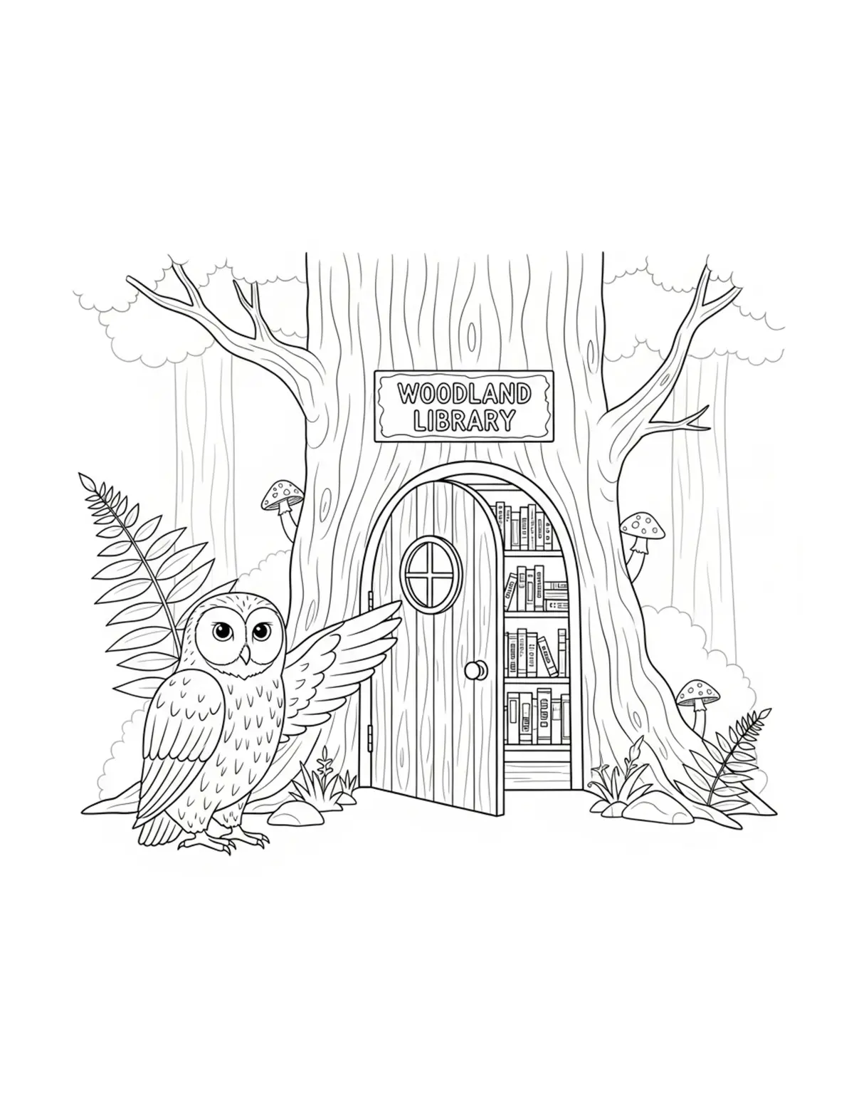 Owl Welcoming Visitors To A Wo Coloring Page - free printable JPG featuring adorable owl