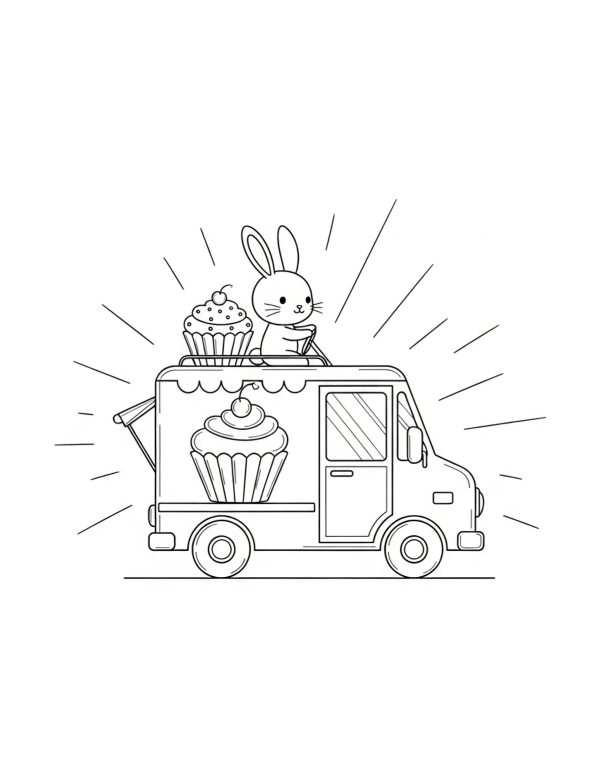 Free printable coloring page: tiny-bunny-driving-a-cupcake-t coloring page. Cute and cozy design for kids and adults to download and print.