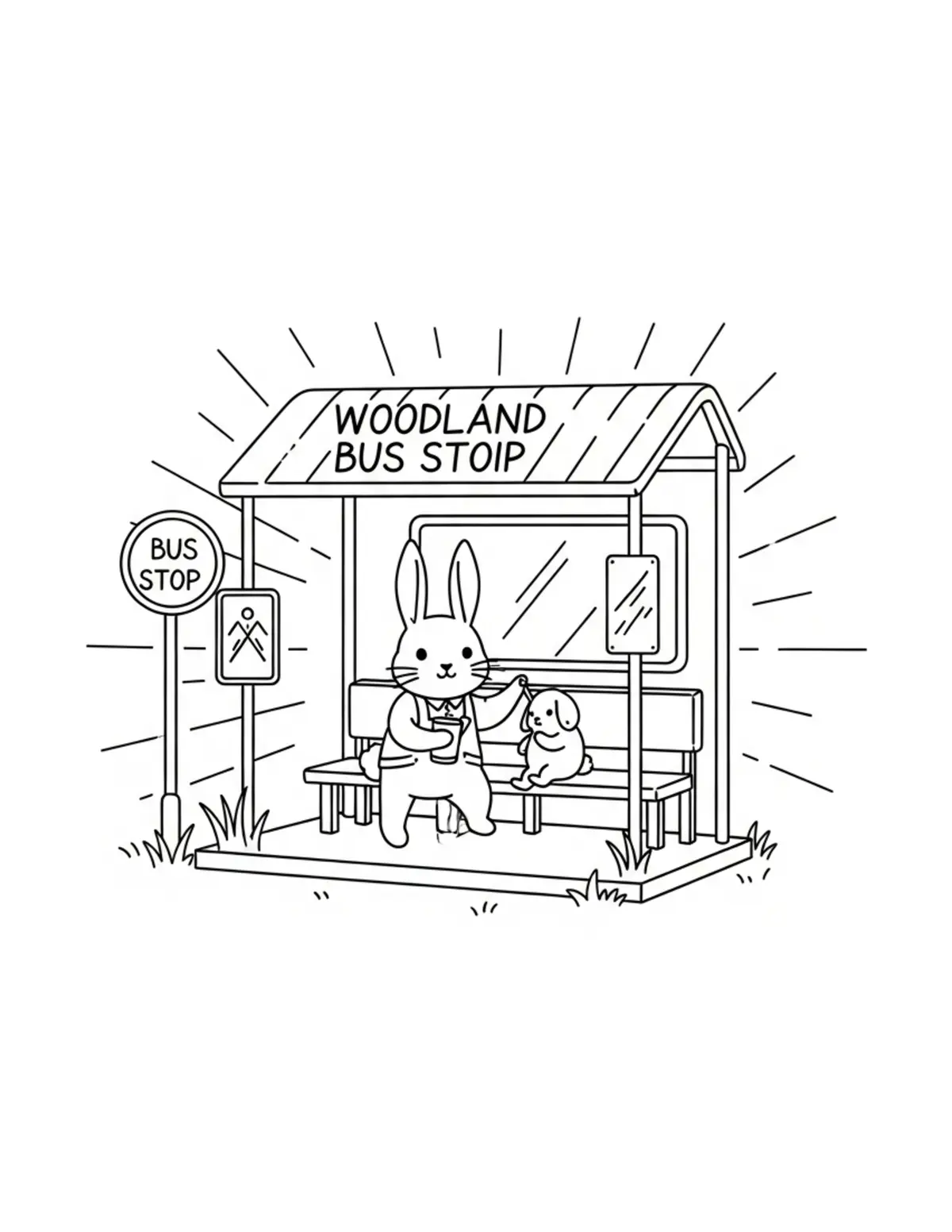 Free printable coloring page: tiny-bunny-operating-a-woodlan coloring page. Cute and cozy design for kids and adults to download and print.