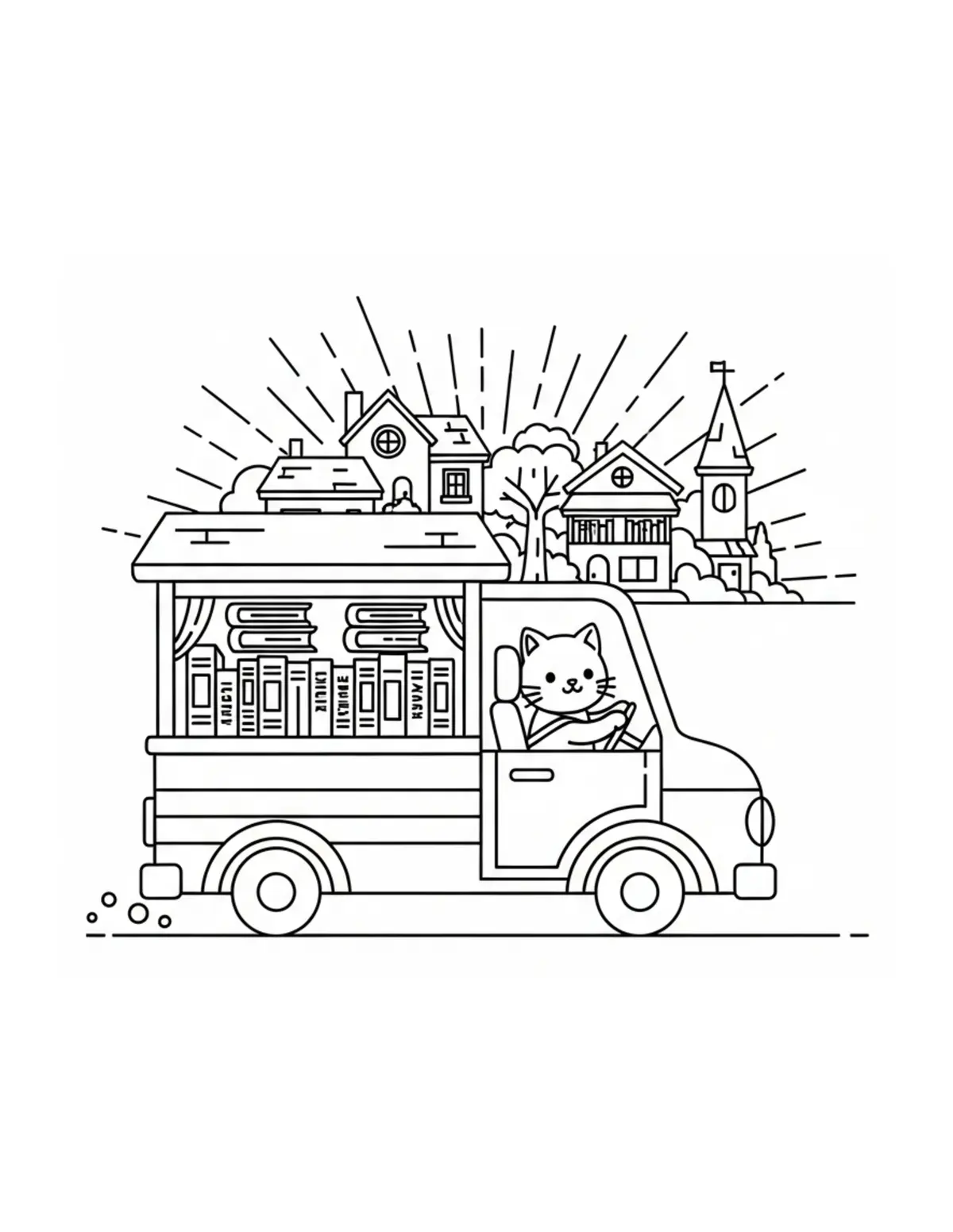 Free printable coloring page: tiny-cat-driving-a-bookmobile coloring page. Cute and cozy design for kids and adults to download and print.