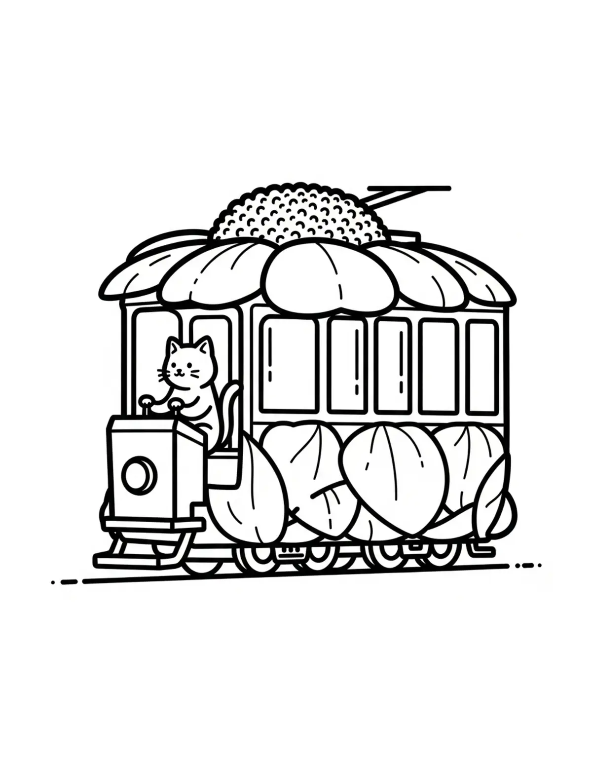 Free printable coloring page: tiny-cat-operating-a-flower-tr coloring page. Cute and cozy design for kids and adults to download and print.