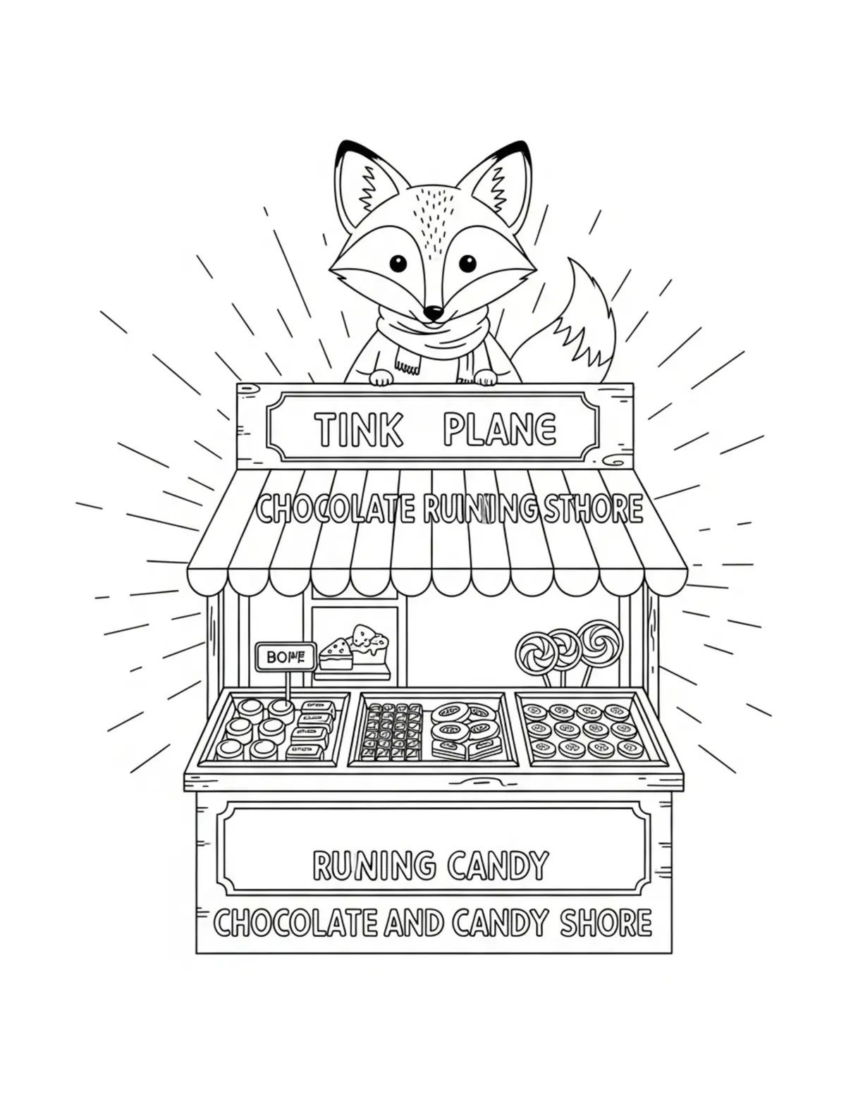 Free printable coloring page: tiny-fox-running-a-chocolate-a coloring page. Cute and cozy design for kids and adults to download and print.