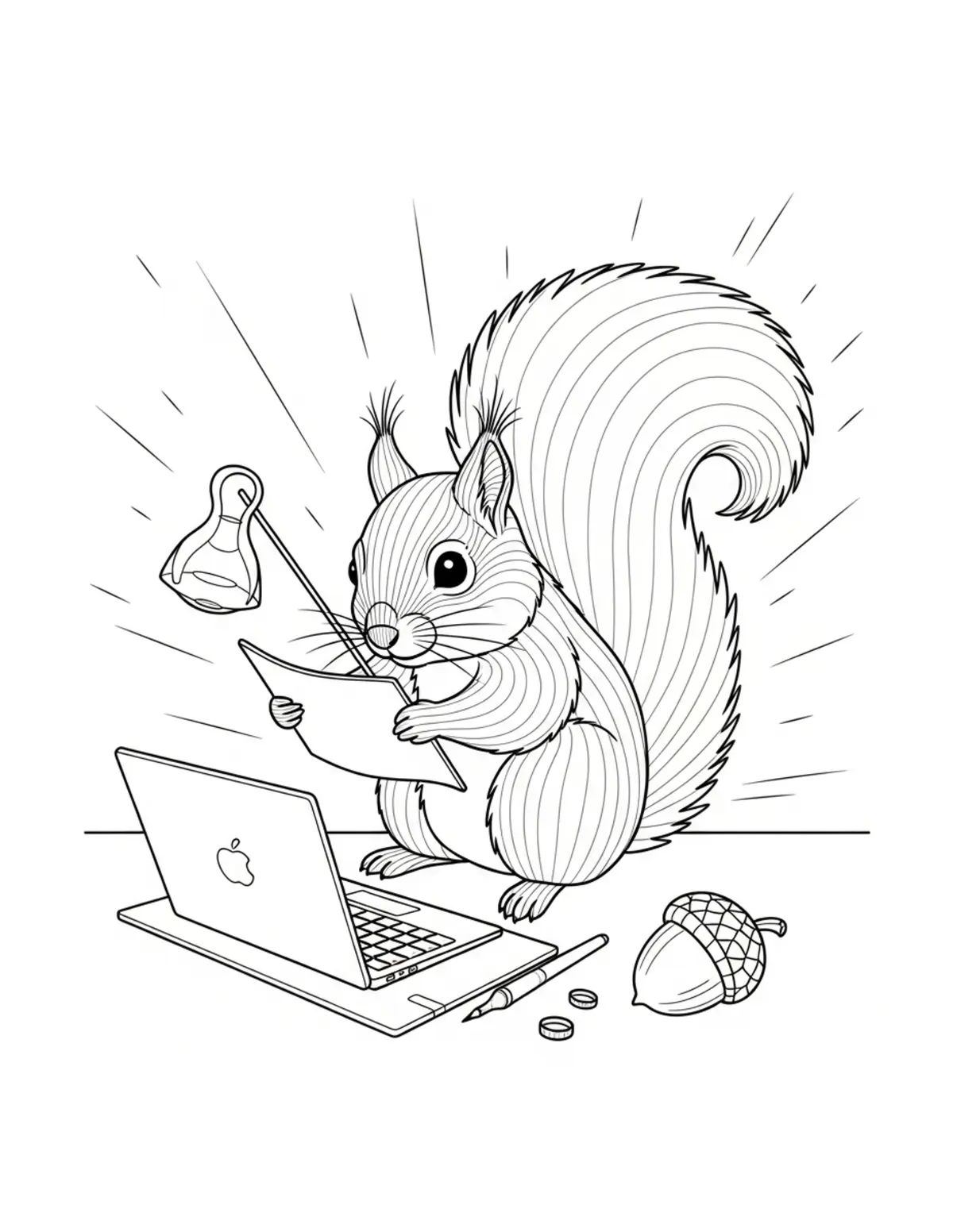 Tiny Squirrel Designing Acorn coloring page - free printable JPG featuring adorable woodland animals