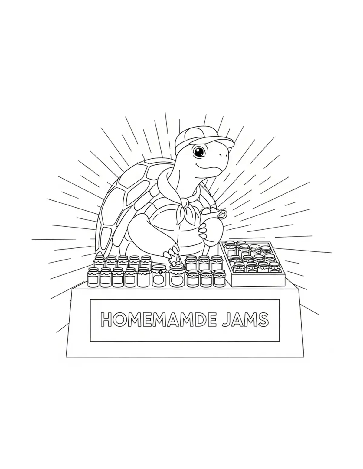 Turtle Selling Homemade Jams a Coloring Page - free printable JPG featuring adorable woodland animals