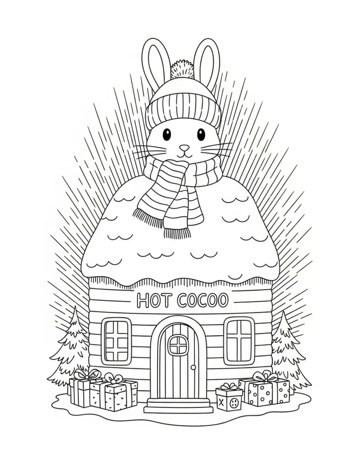 Free printable coloring page: winter bunny hot cocoa house coloring page. Cute and cozy design for kids and adults to download and print.