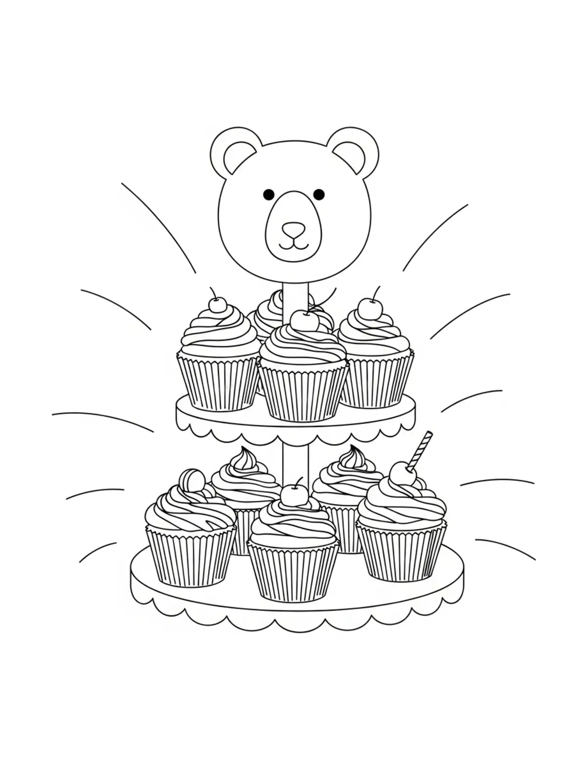 Free printable coloring page: bear-cupcake-stand coloring page. Cute and cozy design for kids and adults to download and print.