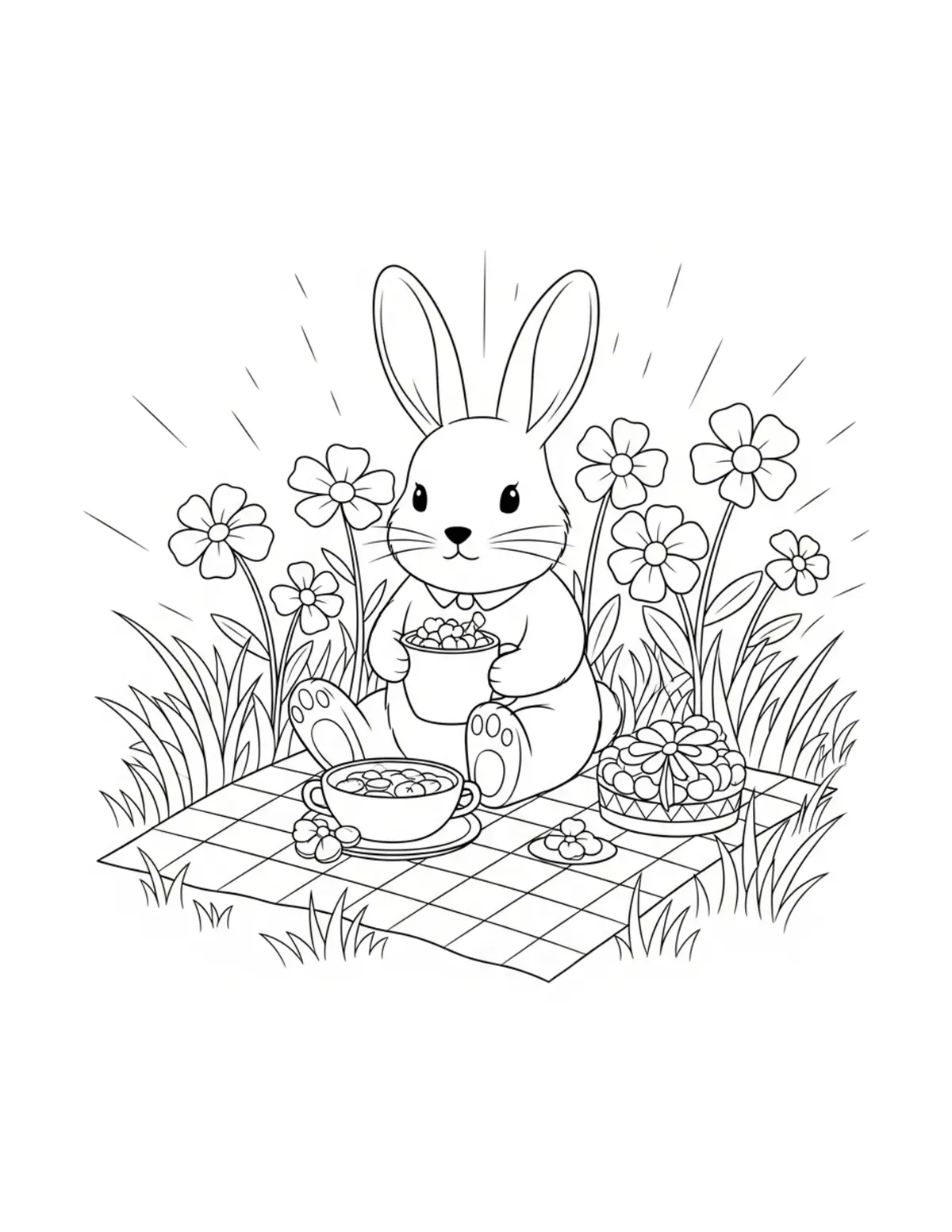 Free printable coloring page: bunny flower meadow picnic coloring page. Cute and cozy design for kids and adults to download and print.
