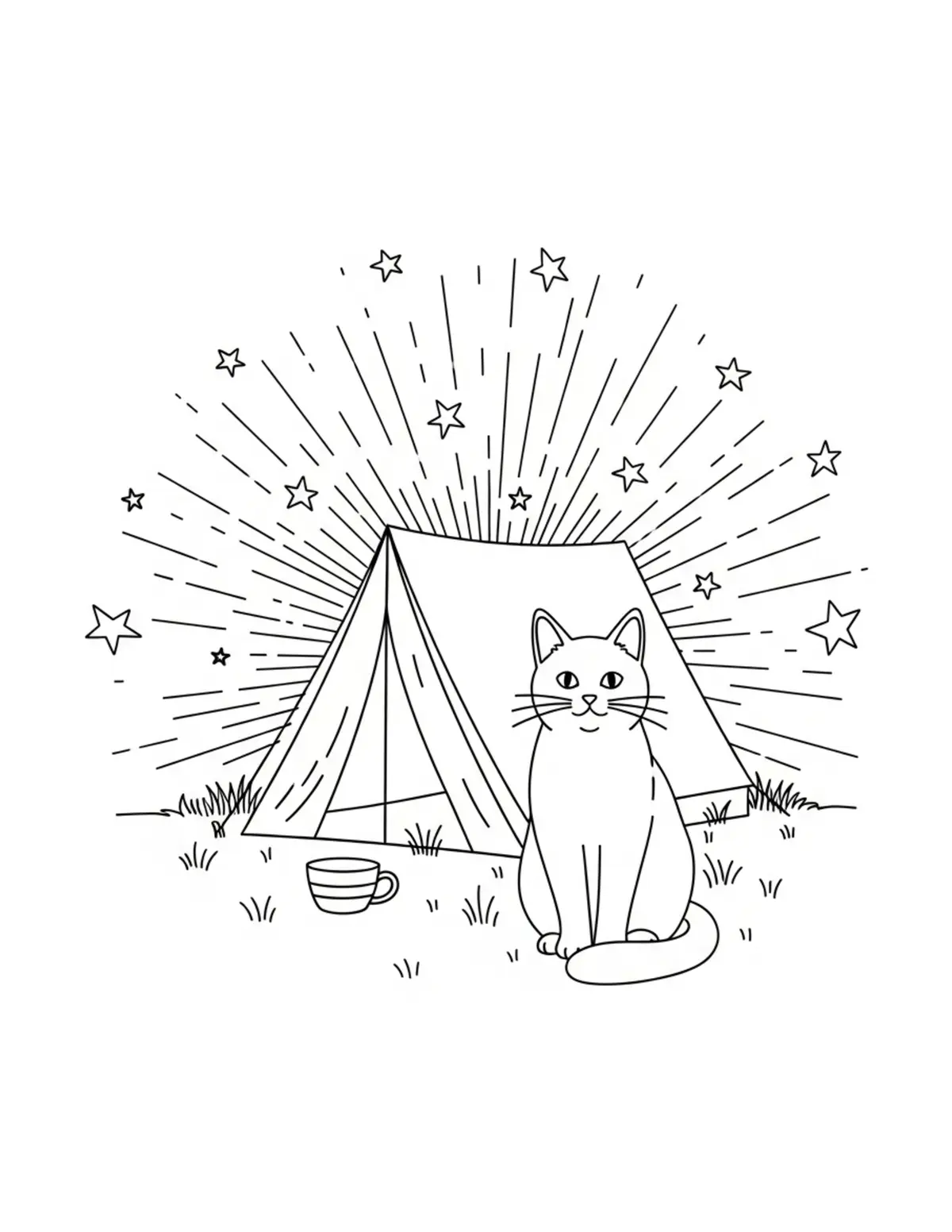 Cat Camping Under Stars — free printable cozy coloring coloring page for kids and adults
