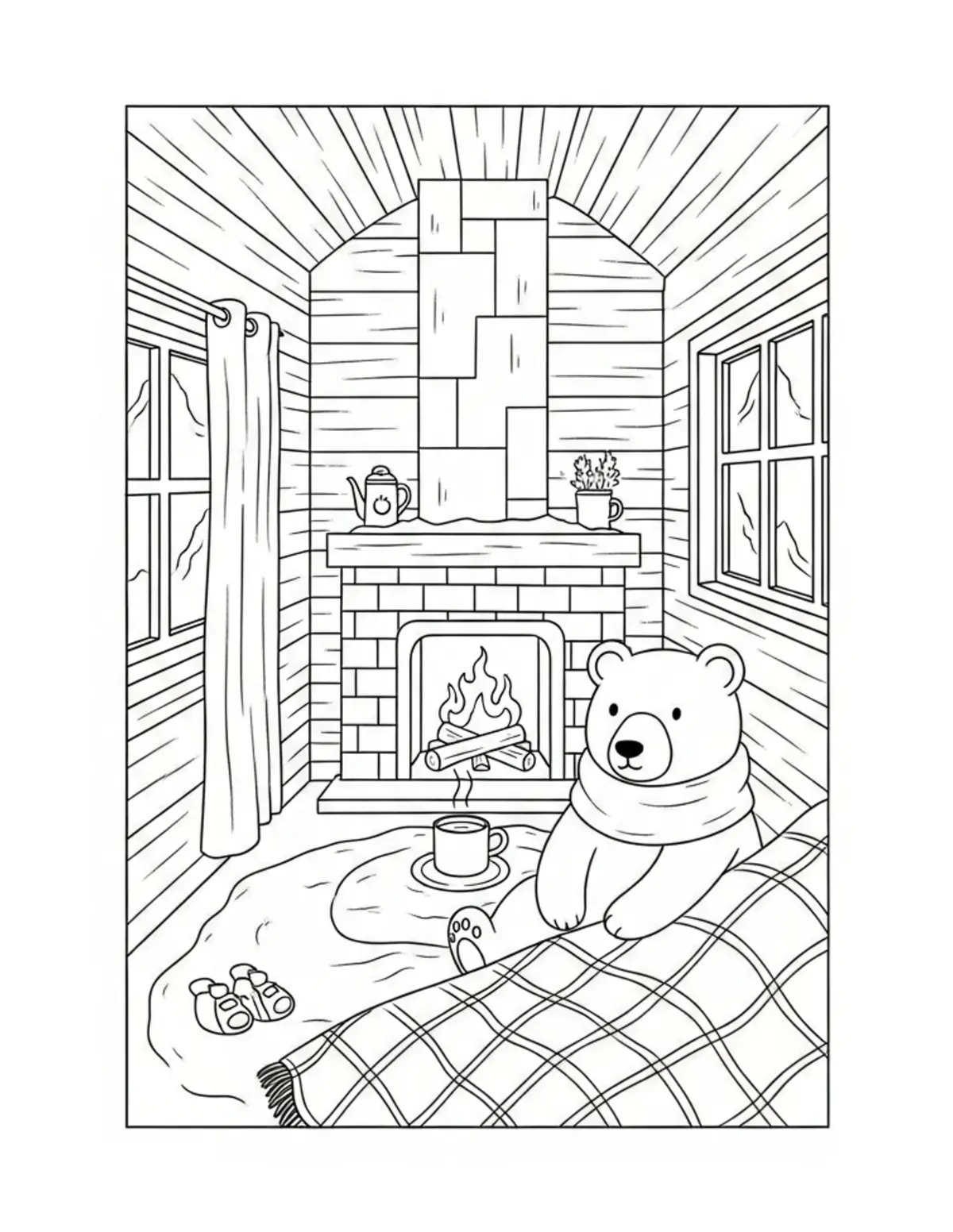 Free printable coloring page: cute bear inside snowy cabin coloring page. Cute and cozy animal design for kids and adults to download and print.