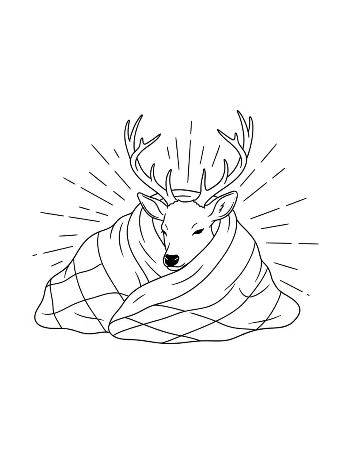 Free printable coloring page: deer cozy blanket scene coloring page. Cute and cozy deer cottage design for kids and adults to download and print.