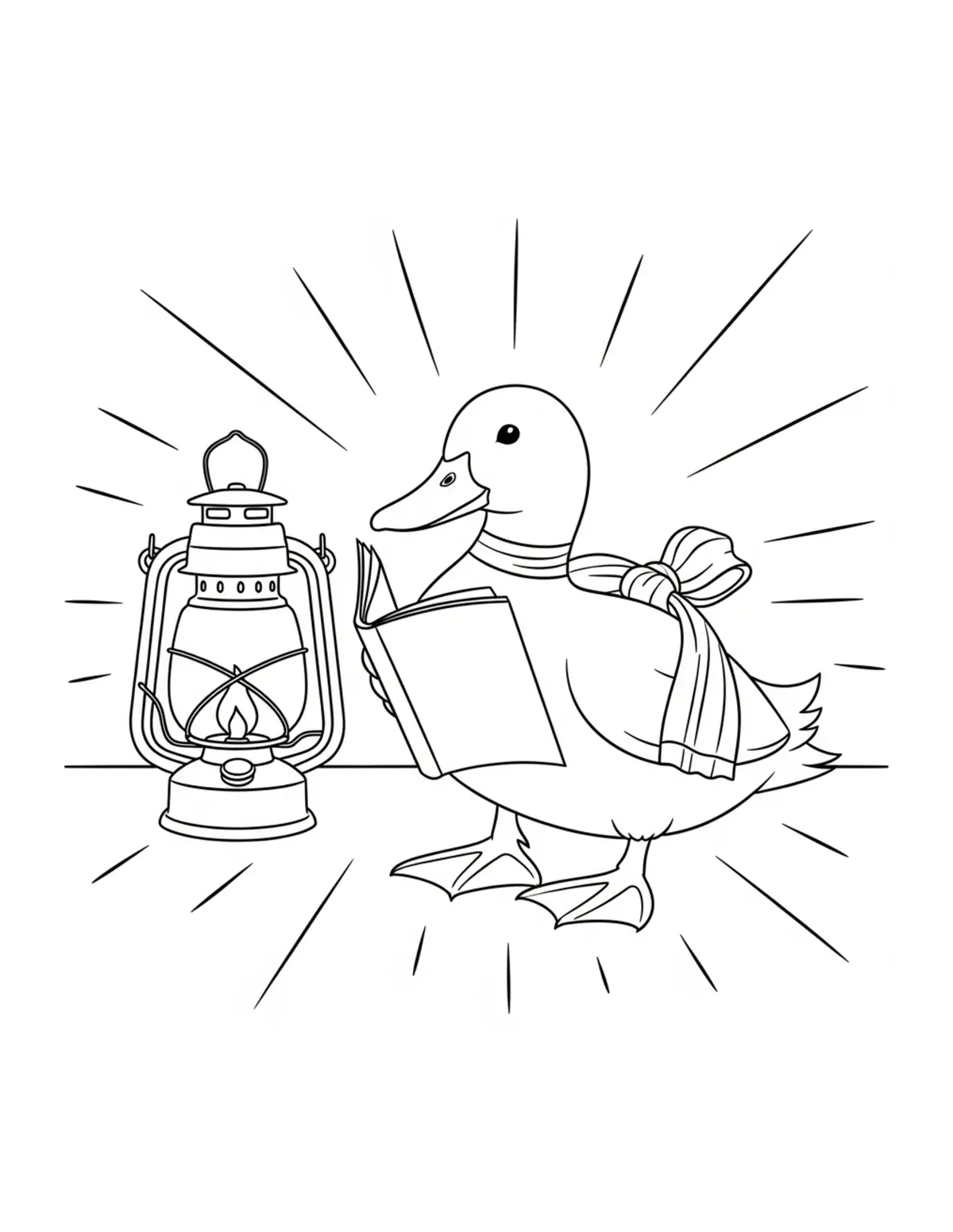 Duck Reading Beside Lantern Coloring Page - free printable JPG featuring adorable duck scenes