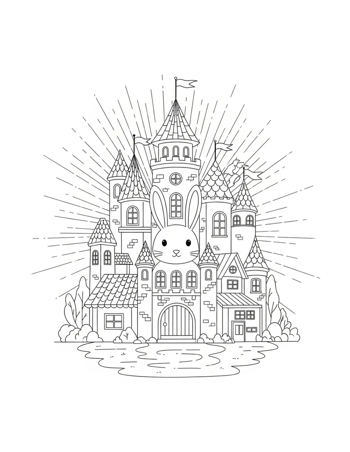 Free printable coloring page: bunny castle town mag coloring page. Cute and cozy design for kids and adults to download and print.