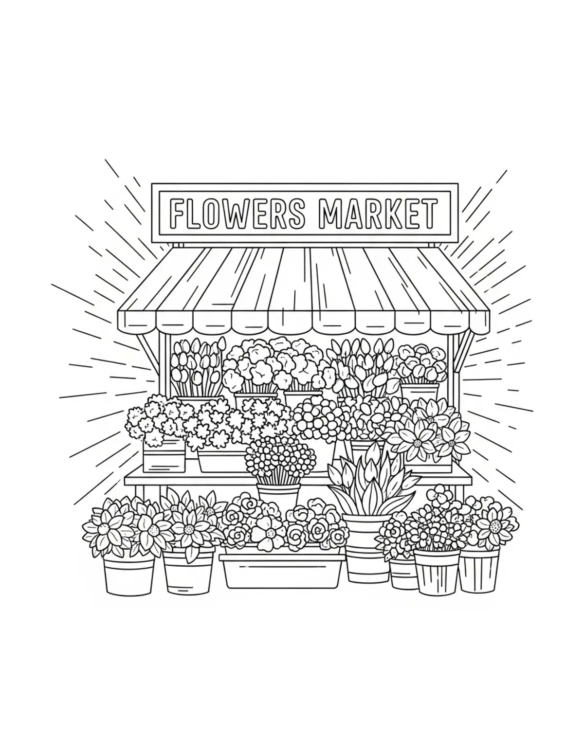 Free printable coloring page: flower-market coloring page. Cute and cozy design for kids and adults to download and print.