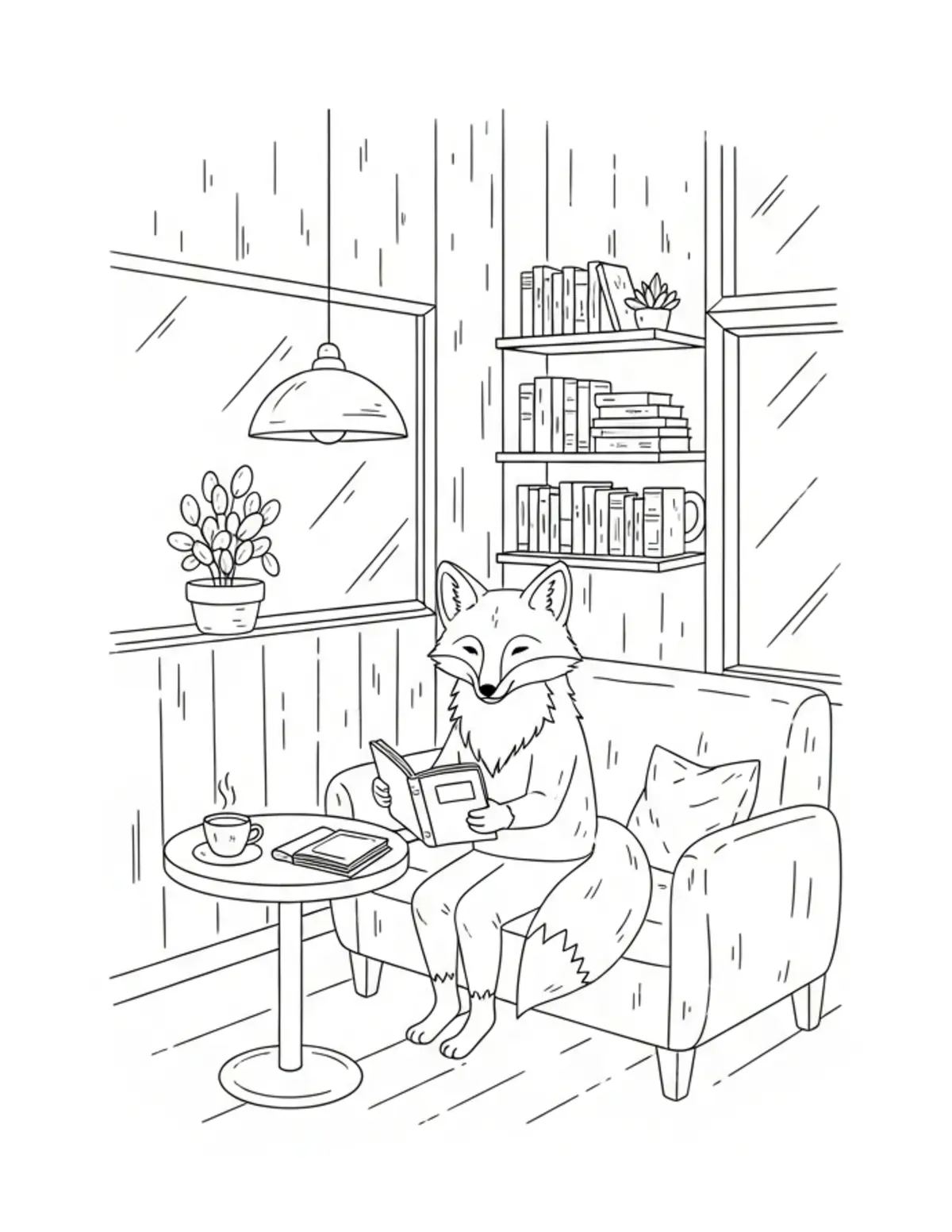 Free printable coloring page: fox coffee shop reading corner coloring page. Cute and cozy bookstore and reading design for kids and adults to download and print.