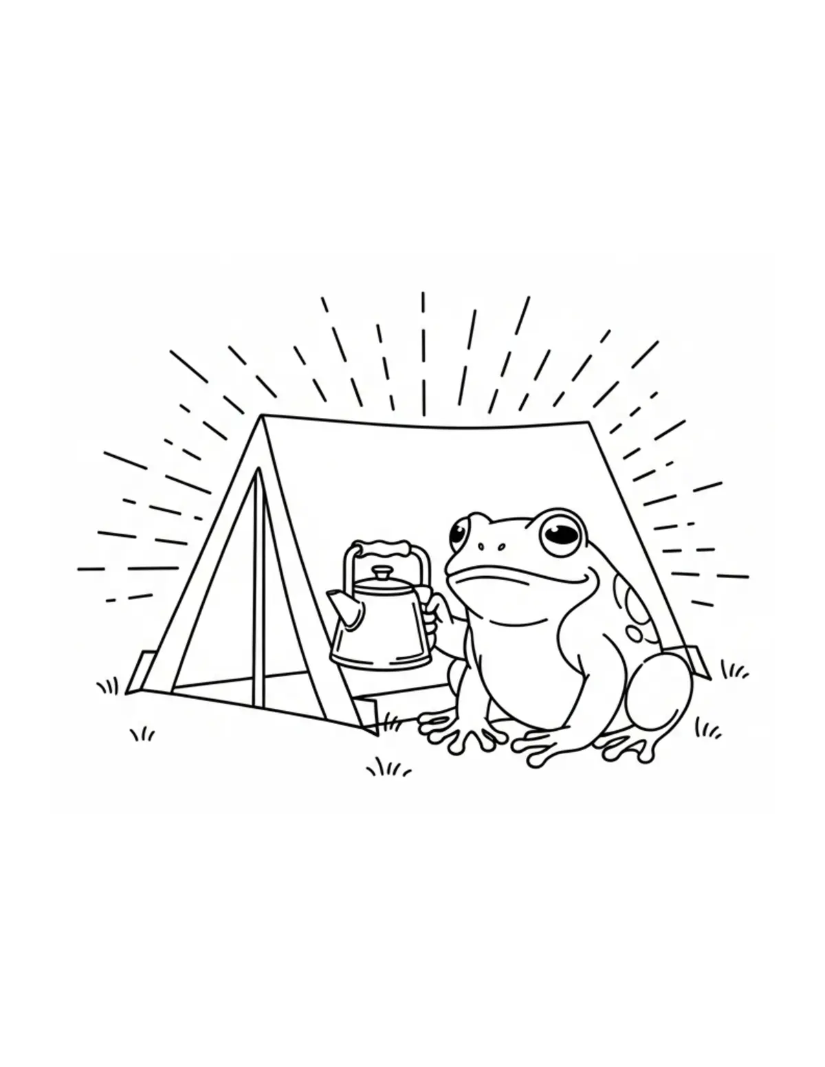 Free printable coloring page: frog camping with coffee kettl coloring page. Cute and cozy design for kids and adults to download and print.