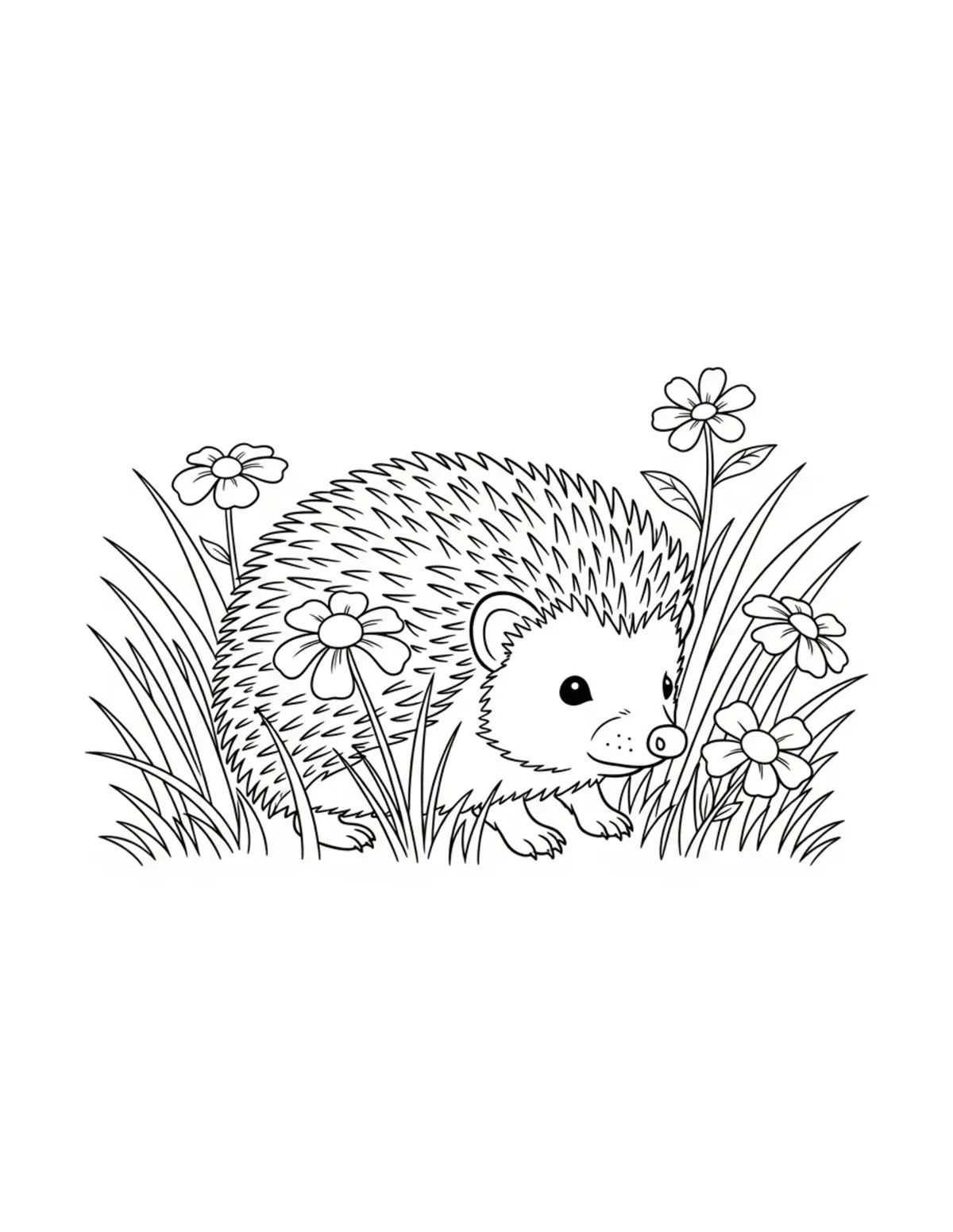 Free printable coloring page: hedgehog wildflower meadow coloring page. Cute and cozy hedgehog garden design for kids and adults to download and print.