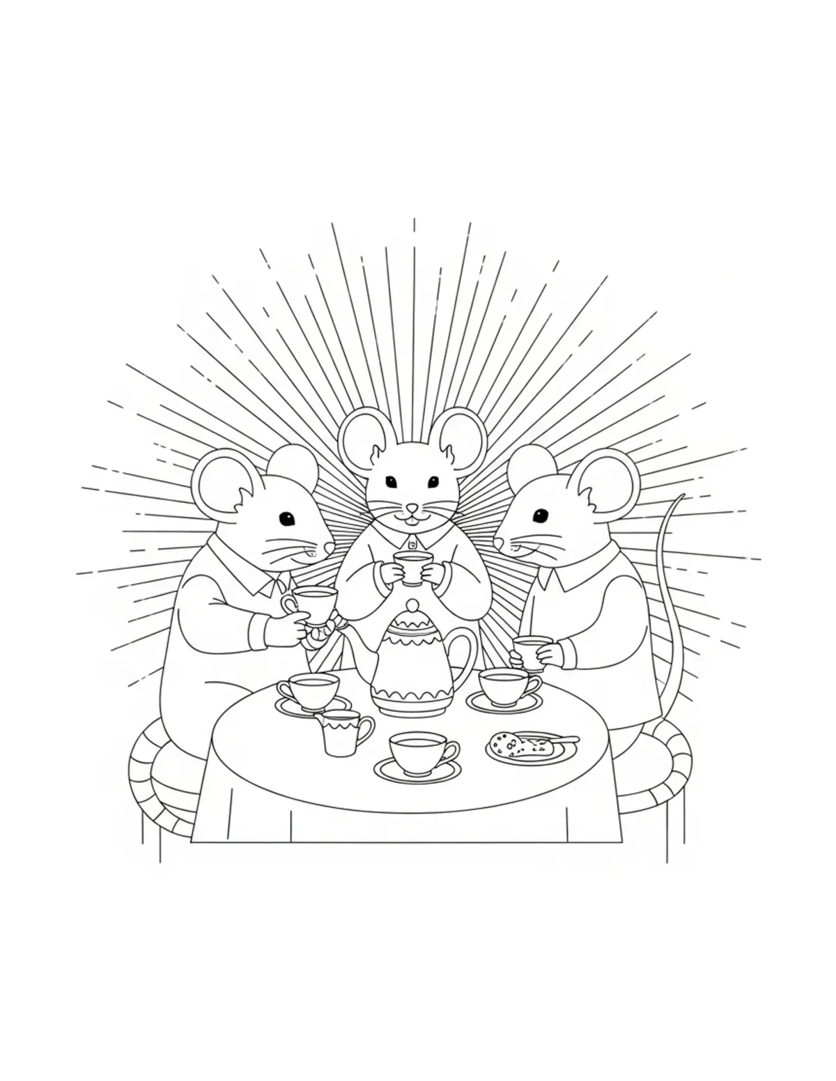 Free printable coloring page: mouse tea party with friends coloring page. Cute and cozy mouse tea party design for kids and adults to download and print.