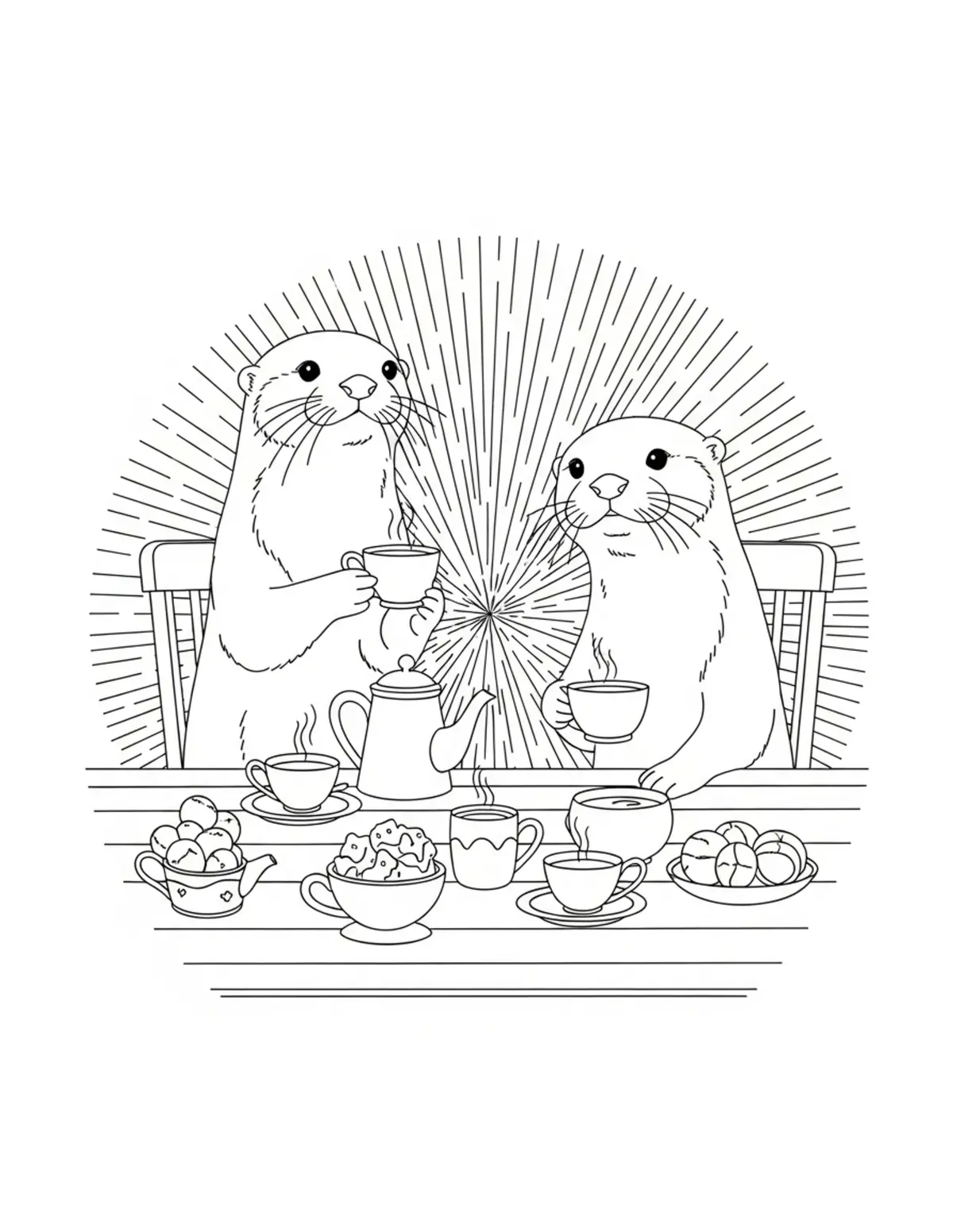 Otter Tea Party Scene coloring page - free printable JPG featuring adorable otters