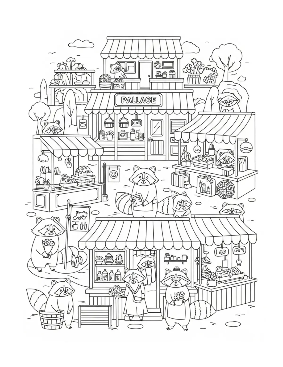 Raccoon Village Marketplace coloring page - free printable JPG featuring adorable raccoons at a market