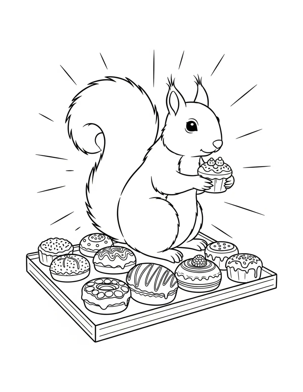 Squirrel Bakery Treats Display coloring page - free printable JPG featuring adorable squirrels in a woodland scene
